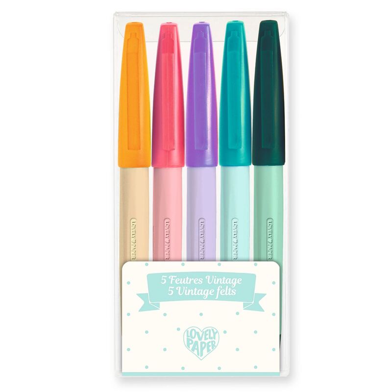 A set of 5 vintage felt-tip pens in various colors including orange, pink, purple, turquoise, and green, packaged in a clear plastic case with a label.