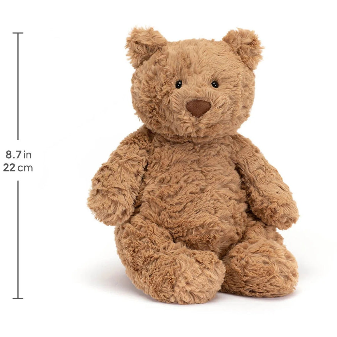 Brown teddy bear with dimensions and a clear card on a white background