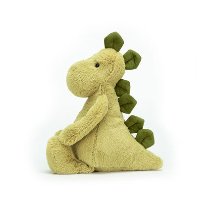 Jellycat Bashful Dino Medium plush toy with soft green textured fur, embroidered features and friendly dinosaur design