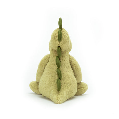 Jellycat Bashful Dino Medium plush toy with soft green textured fur, moss green soft spines and friendly dinosaur design