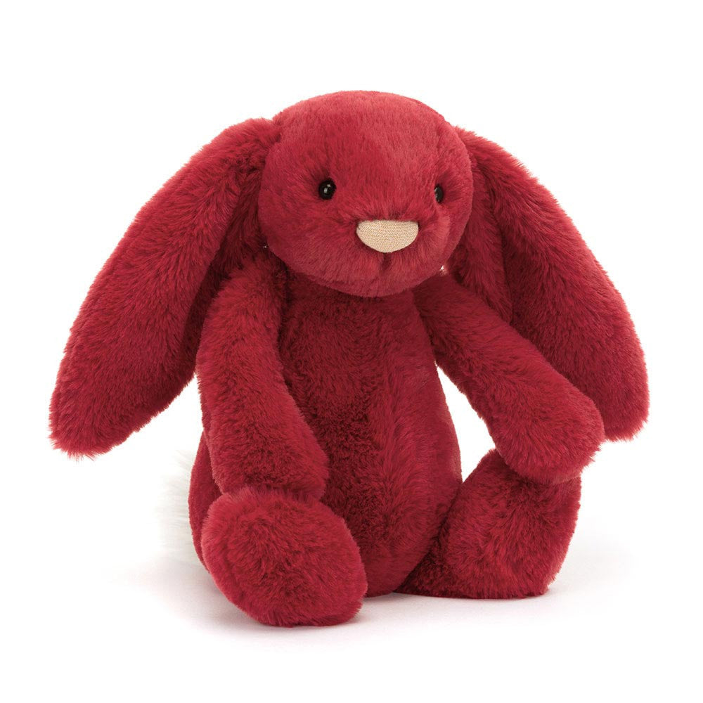 Jellycat scarlet Red plush bunny toy on a white background