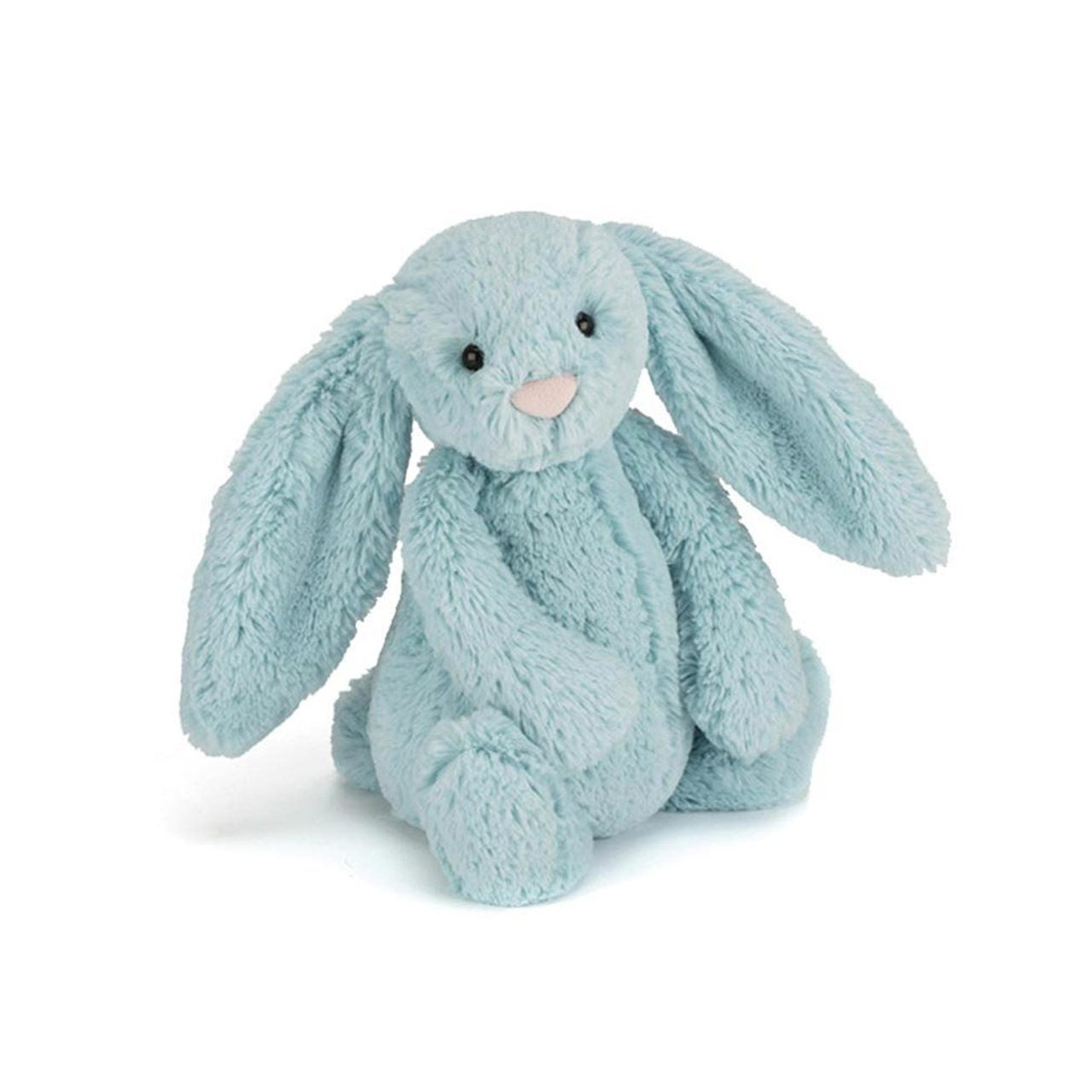 A small plush toy in the form of a bunny with soft blue fur, designed for snuggles and cuddles.