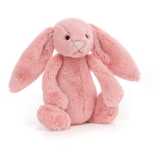 A small plush toy resembling a pink bunny with a white tail.