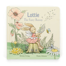 A cover of the book titled 'Lottie the Fairy Bunny' featuring an illustration of a fairy-tale style bunny with wings, sitting on a stump surrounded by flowers and a bee.