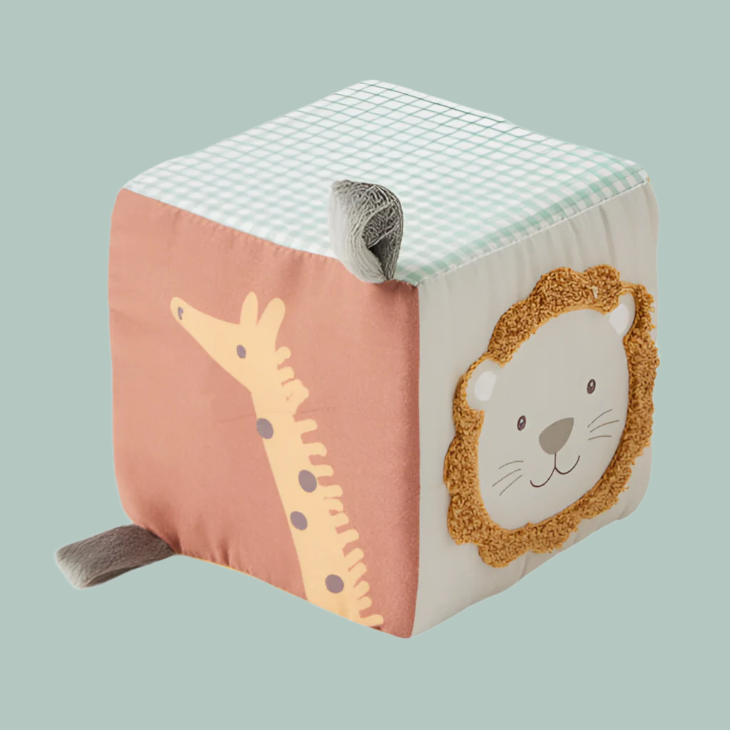 Soft safari fabric activity cube for babies. 
