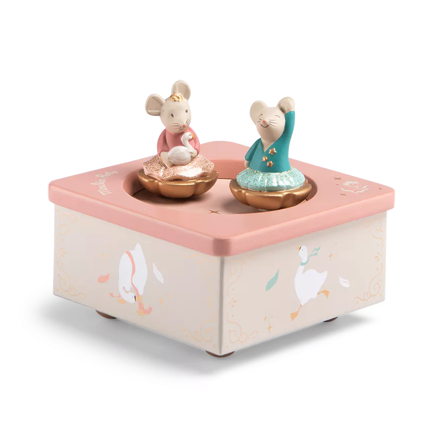 Wooden music box with two mouse figures on a white background