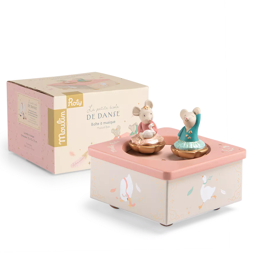 A pastel pink and cream music box with two dancing mouse figurines, shown alongside its branded retail box on a clean white background.