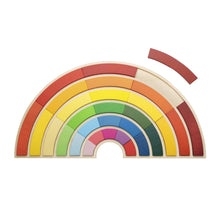 A set of colorful wooden puzzle pieces in various shapes of a rainbow, with a puzzle board.