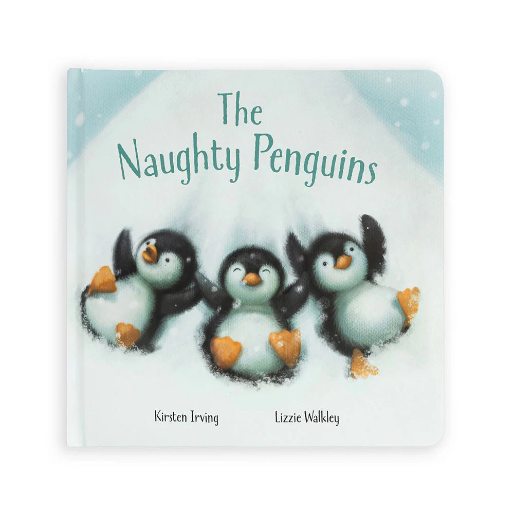 Cover of 'The Naughty Penguins' book featuring illustrations of three penguins with a snowy background.