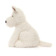 A plush toy made by Jellycat resembling a white Scottie dog with a black nose and ears, sitting upright.