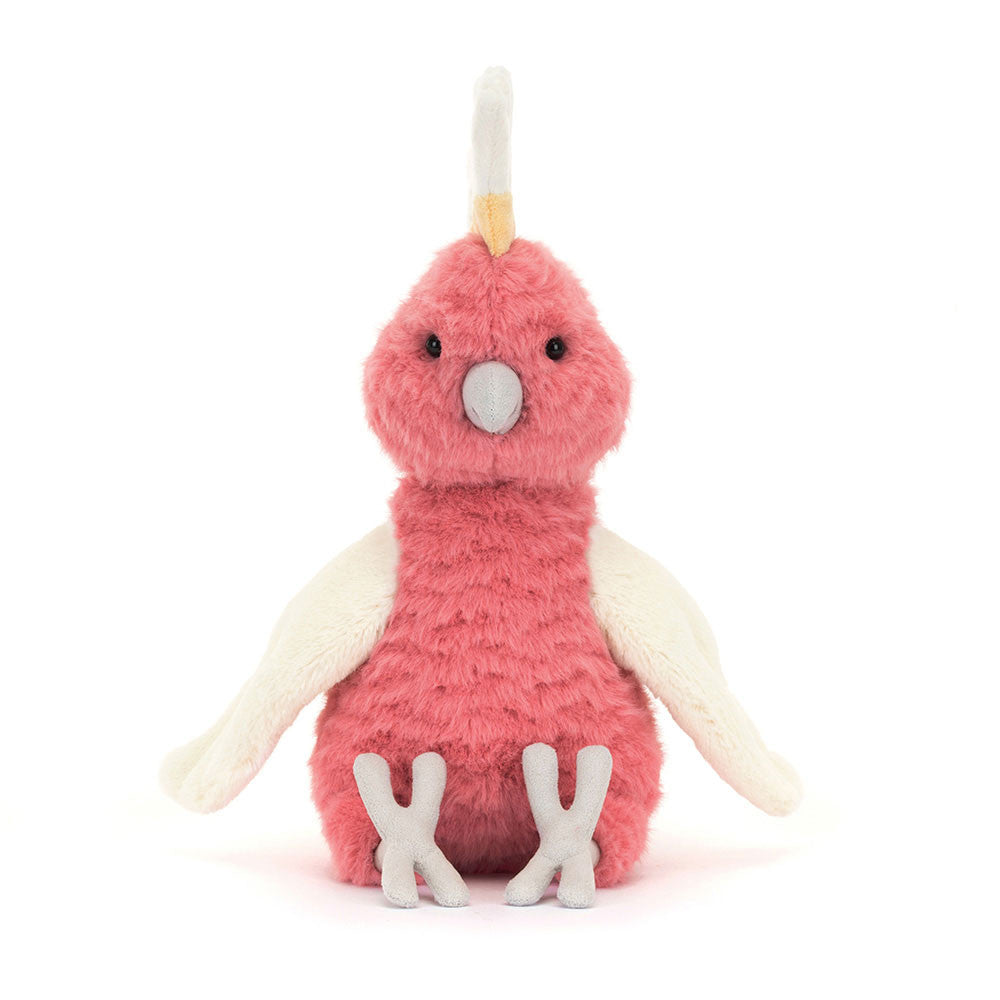 Pink bird plush toy with a white crest on a white background