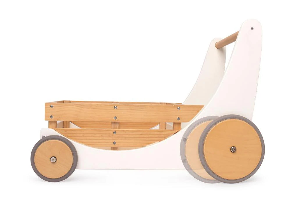 A white push-along cargo walker with natural wood sides and wooden wheels with grey rubber trims, on a plain white background.