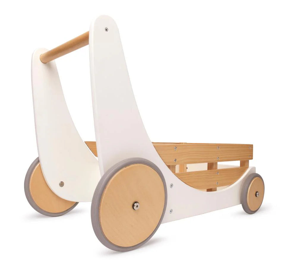 A white push-along cargo walker with natural wood sides and wooden wheels with grey rubber trims, on a plain white background.