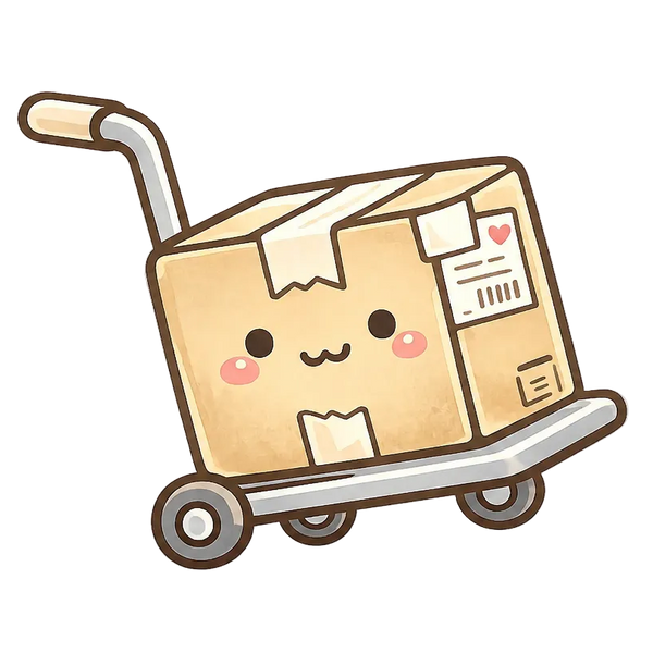 Cartoon box on a handcart with a happy expression on a white background