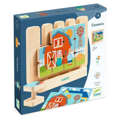 Wooden puzzle with farm-themed design on a Casamix branded box