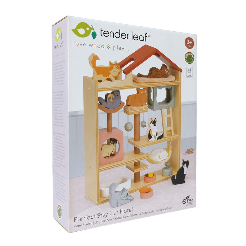 Box of Tender Leaf cat toy set with wooden structures and animal figures on a white background