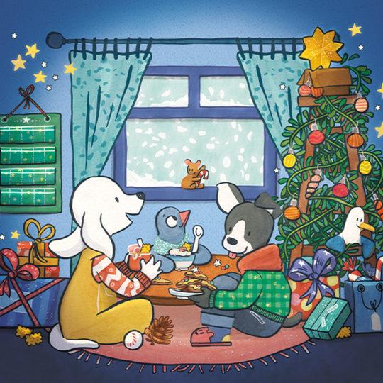 Illustration of animals gathered around a Christmas tree with presents and decorations.