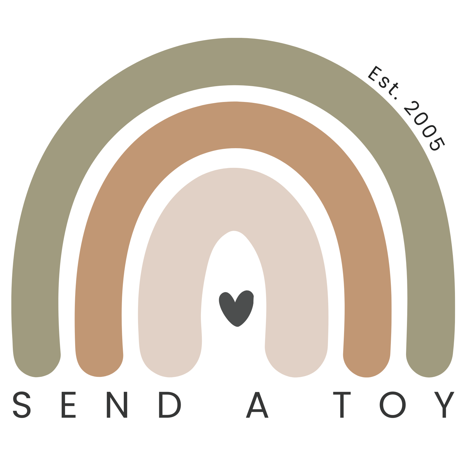 Send A Toy logo showing a green and tan rainbow with black heart in the middle