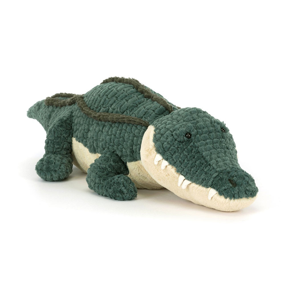 Jellycat green plush toy alligator on a white background
