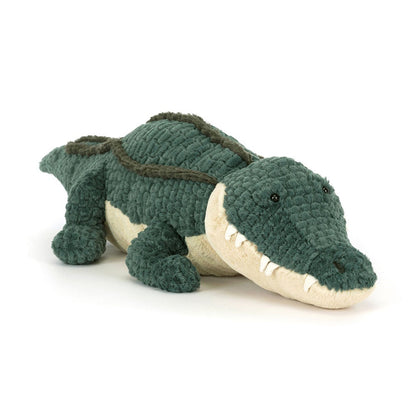 Jellycat green plush toy alligator on a white background