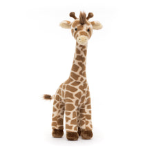A plush toy giraffe with a brown and beige mottled pattern, cocoa brown horns, and a silky mane and tail.