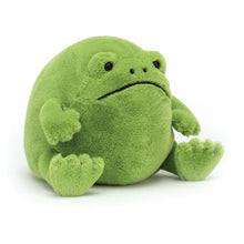 A plush toy depicting a green frog with a contemplative expression.