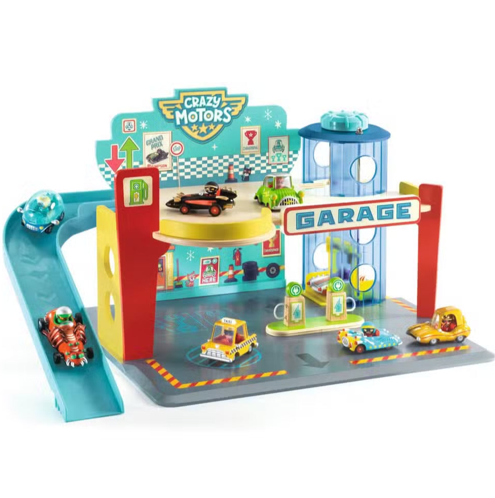A colorful wooden garage toy set featuring Crazy Motors branding, with a ramp, lift, and various toy cars.