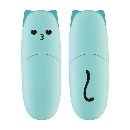 Two light blue cat-shaped items with simple face designs on a white background