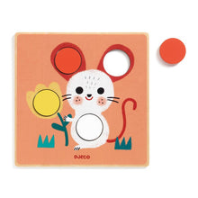 Children's puzzle with a mouse design on a pink background, featuring the brand 'Djeeco'.