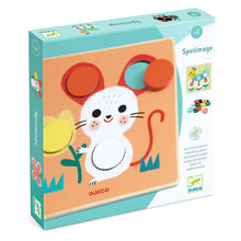 Box of a children's puzzle game with a mouse design on a white background