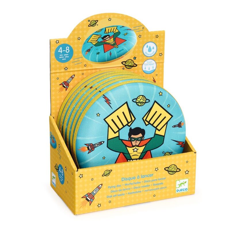 Superhero-themed flying disc in a yellow packaging box on a white background