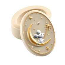 A small, oval-shaped beige resin tooth keeper box with a 3D illustration of a mouse on the moon design, surrounded by gold and silver stars.