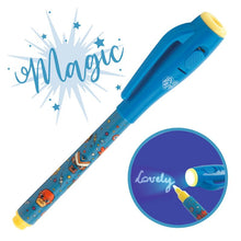 Blue magic pen with invisible ink and a UV light in the cap, featuring superhero characters and labeled 'Magic' on a sparkle background.