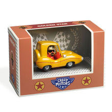 A toy car named Golden Star from Crazy Motors, with a shiny gold finish and a plastic red driver figure, packaged in a box.