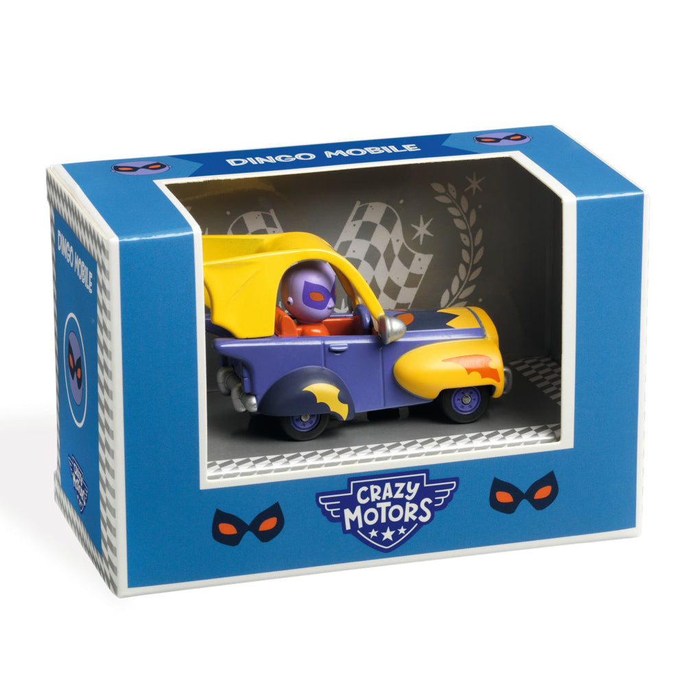 A toy car named Dingo Mobile from Crazy Motors, with a yellow and blue color scheme, packaged in a box.