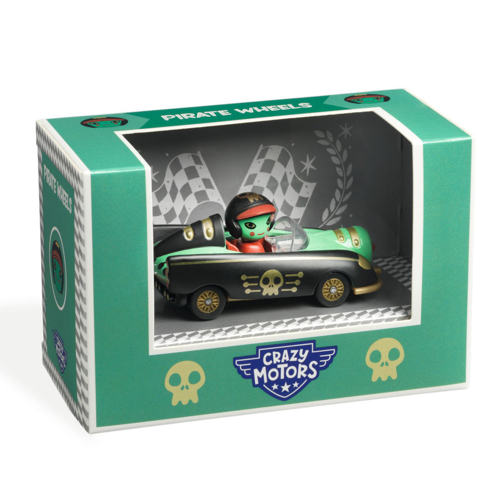 A toy car with a pirate figure inside, named Pirate Wheels, packaged in a box with a green and black design and the Crazy Motors logo.