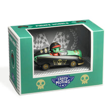 A toy car with a pirate figure inside, named Pirate Wheels, packaged in a box with a green and black design and the Crazy Motors logo.