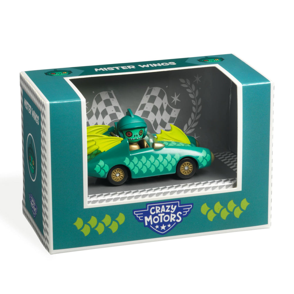 A toy vehicle named Mister Wings packaged in a box, predominantly green with yellow accents, designed for racing play.