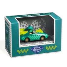 A toy vehicle named Mister Wings packaged in a box, predominantly green with yellow accents, designed for racing play.