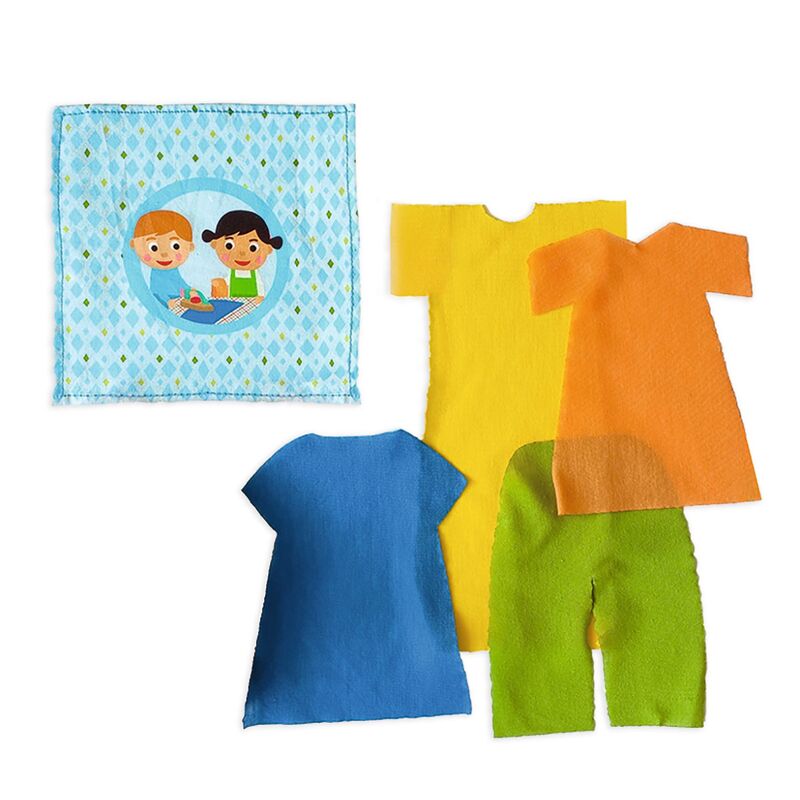 Set of colorful toy clothes including a blue shirt, yellow shirt, orange shirt, and green pants on a white background.