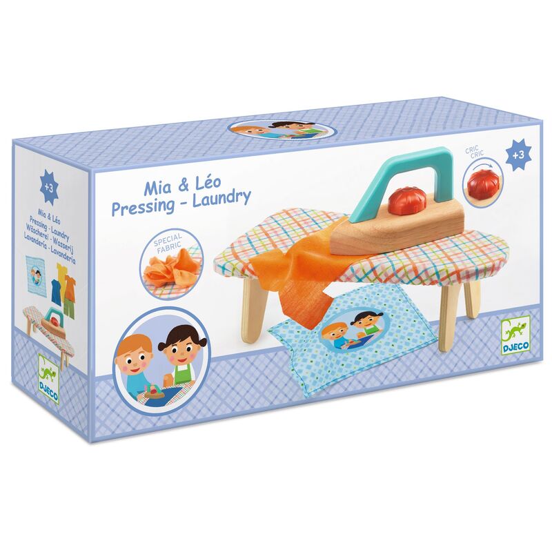 Toy packaging for 'Mia & Léo Pressing Laundry' by Djeco on a white background