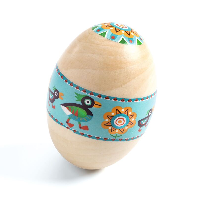 An egg-shaped wooden maraca with a colorful pattern featuring birds and floral designs.