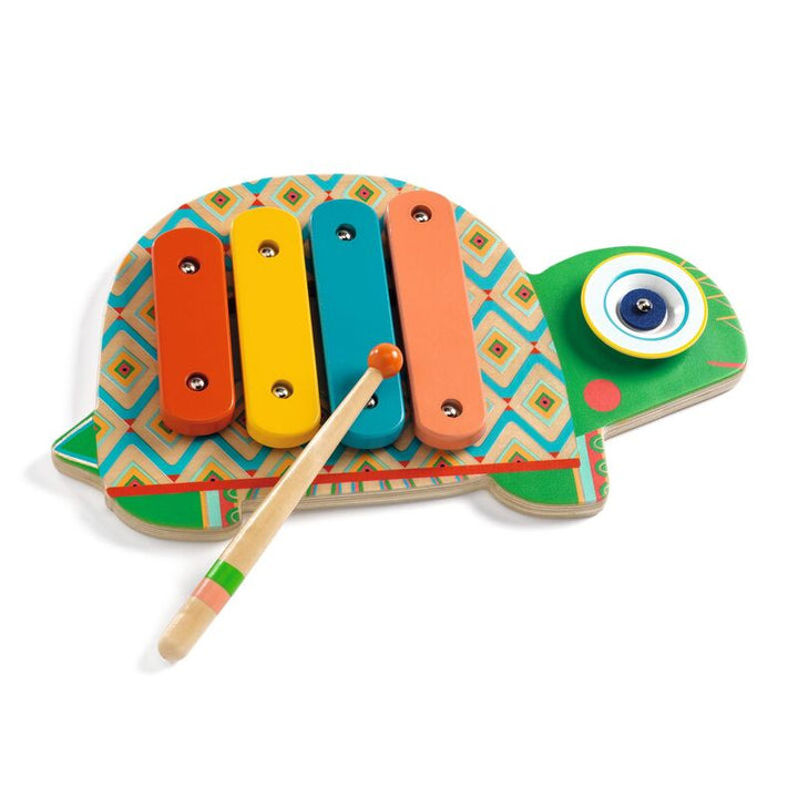 Turtle shaped wooden xylophone toy with cymbal and striker. Djeco musical toys at Send A Toy
