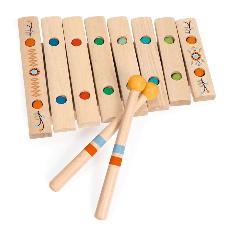 Wooden xylophone with colorful notes and two mallets on a white background