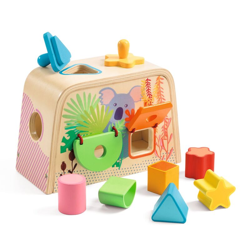 Multi Boita colourful  wooden Shape Sorter box with cute koala illustration. Djeco toys at Send  A Toy