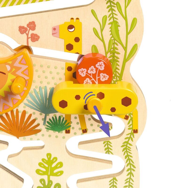 Wooden toy with a giraffe design and colorful elements on a white background