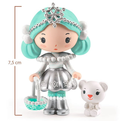 Toy figure with turquoise hair and silver outfit holding a small white bear, with dimensions indicated.