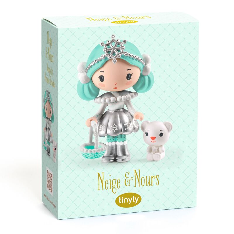 Toy figure with turquoise hair and silver outfit on a light blue box with 'tinyly' branding