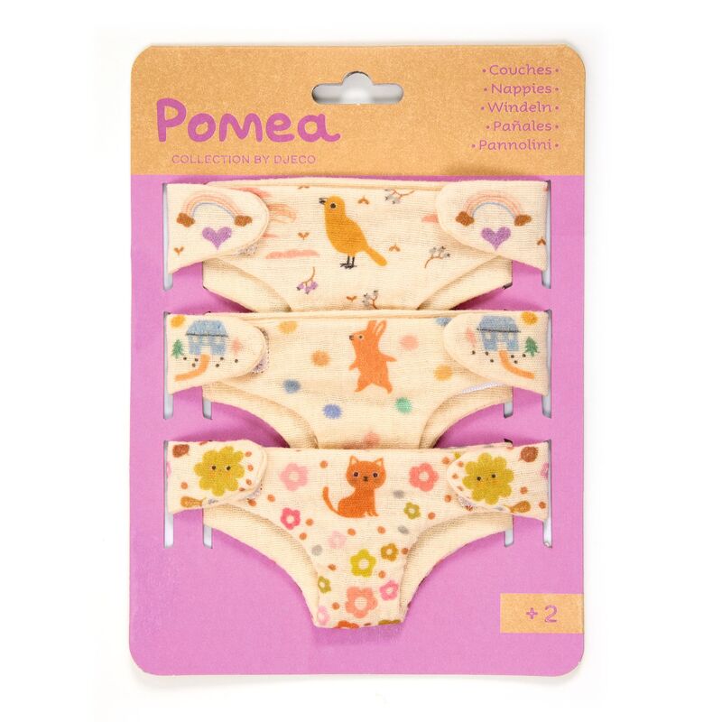Pomea baby product packaging with cartoon designs on a pink background