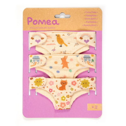 Pomea baby product packaging with cartoon designs on a pink background
